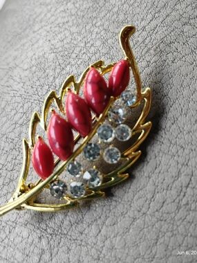 Gold Leaf Brooch with Red Cabochons and Clear Crystals